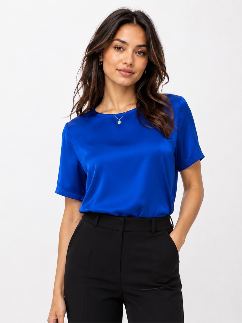 Eileen Fisher Blue Silk Crepe de Chine Tee Blouse 95% Silk Size Small